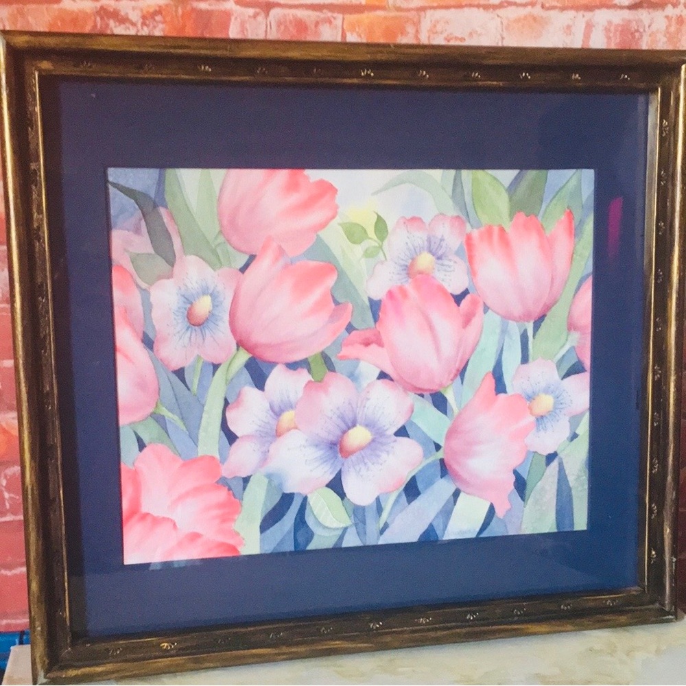 Original Pink and Purple Spring Floral Tulips and Pansies Framed Watercolor Art